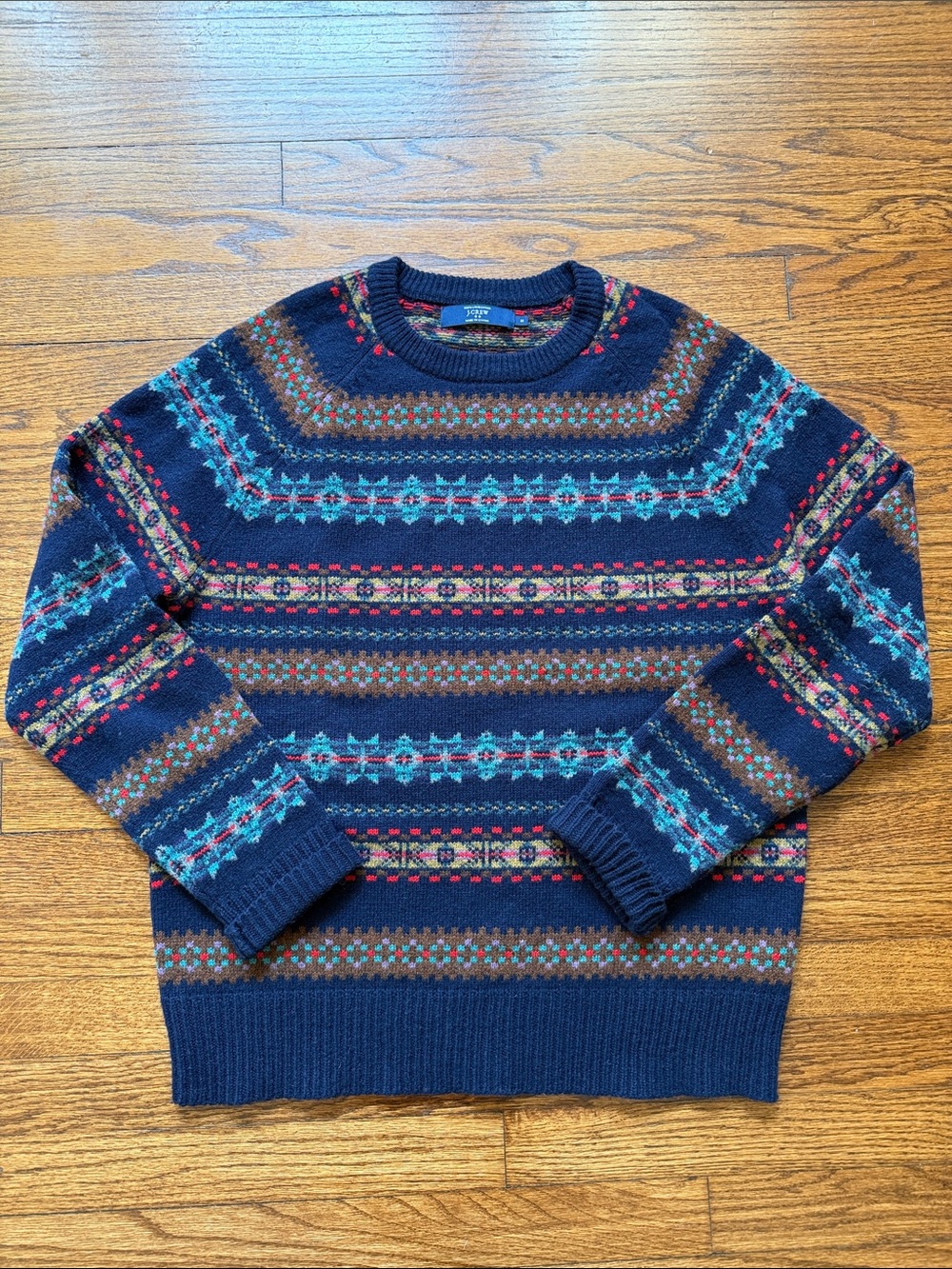 J.Crew 100% Lambswool Fair Isle Nordic Crewneck Sweater Navy Blue Size M